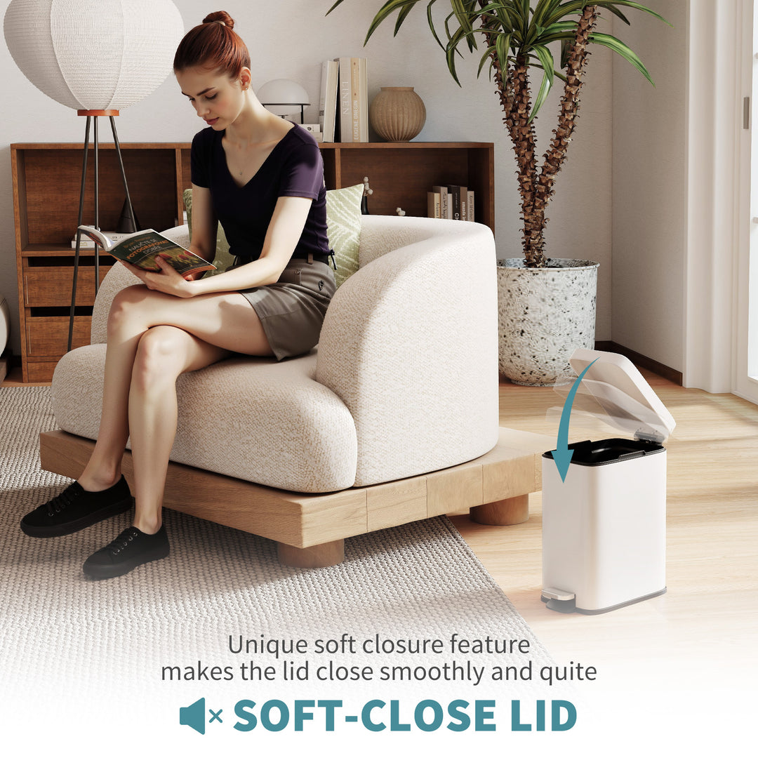 MCL 5L Rectangular Compact Bin Steel Body Removable Bucket Quiet-Close Lid w/ Pedal Lid Rubbish Trash Can Home Office Bedroom Bathroom Living Room Garbage Tidy Clean White