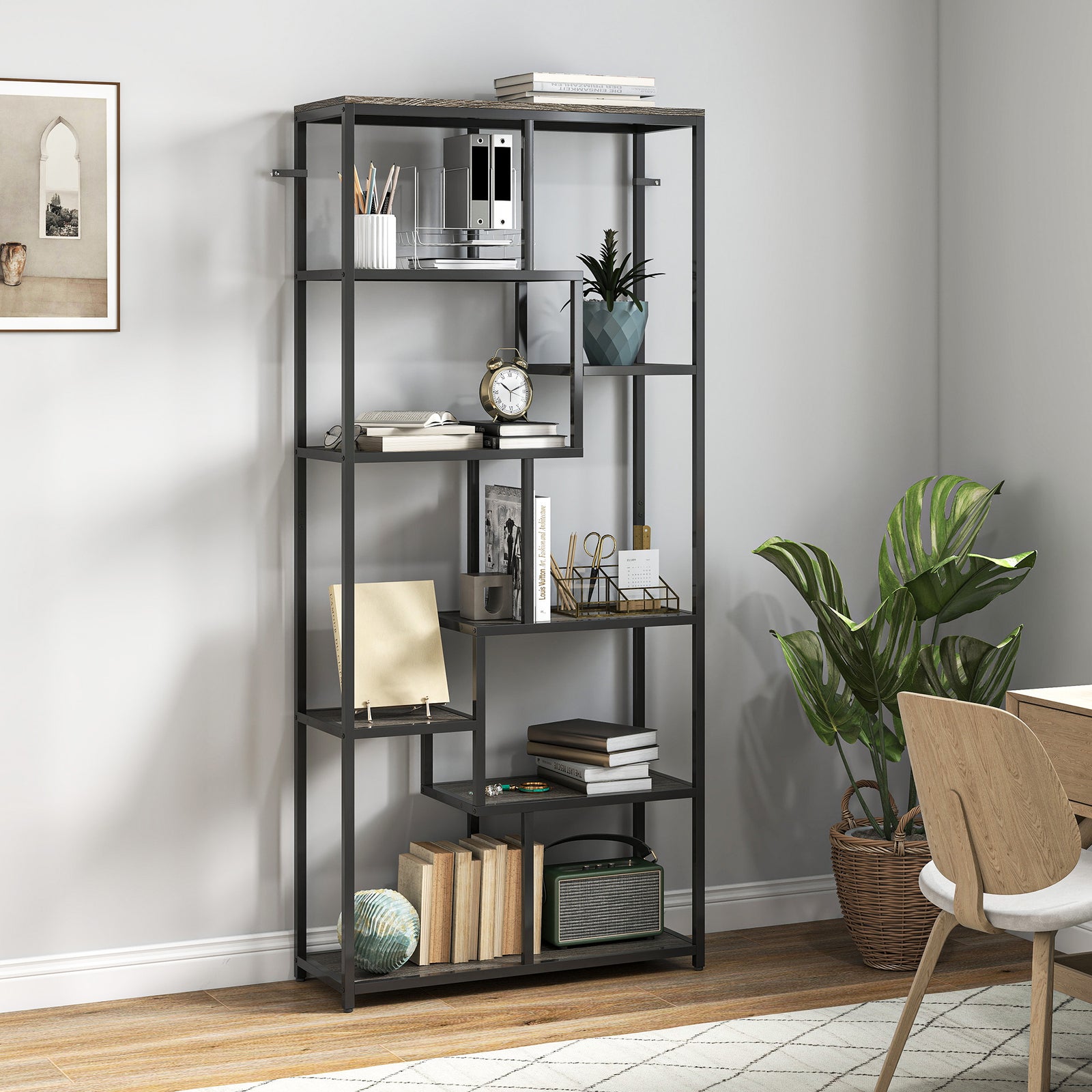 HOMCOM Seven-Tier Geometric Bookcase - Grey/Black