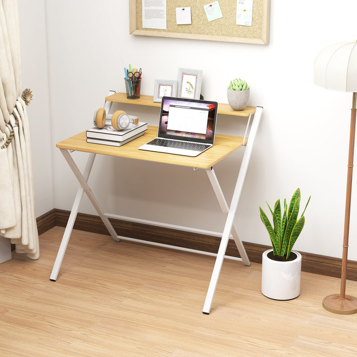 Compact Folding Desk for Small Spaces, Foldable Computer Desk with Storage Shelf for Home Office, 2-Tier Study Writing Table, 86 x 66 x 82 cm, Maple Wood-effect