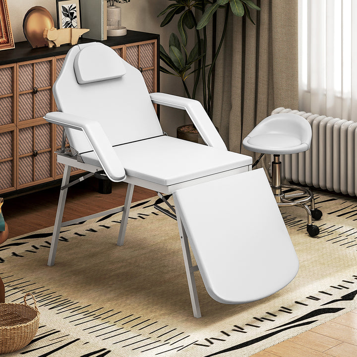 Portable Massage Table, 3 Section Adjustable Beauty Bed, Foldable Massage Bed with Face Hole, Recliner Chair with Removable Headrest and Armrests for Spa, Lash, Tattoo, White
