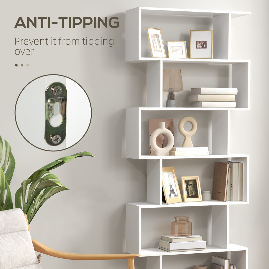 Bookcase, 6 Tier Shelf S Shaped Bookshelf, Storage Unit, Display Shelf for Living Room, Bedroom, Home Office, Plant, White