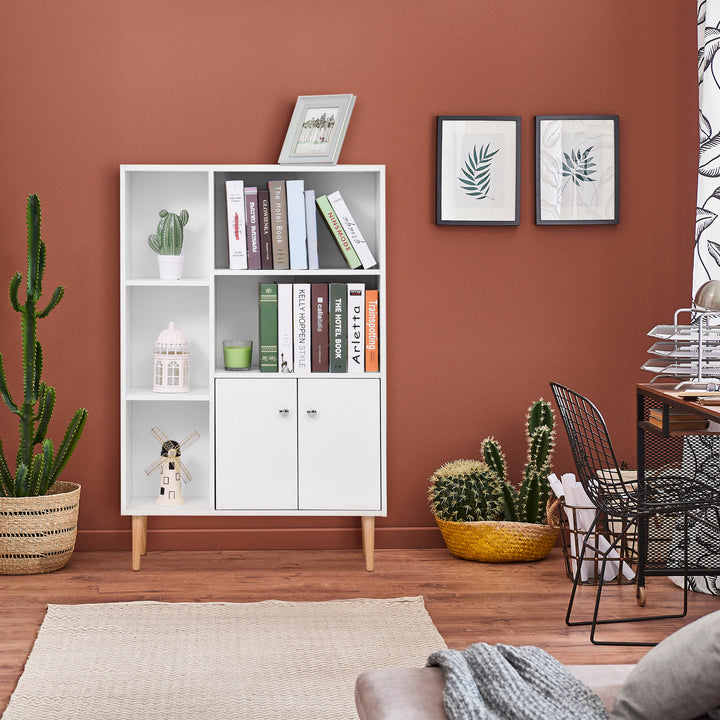 Sideboard Storage Cabinet Cupboard, Open Bookcase with 2 Doors 5 Compartments Wooden Modern Style for Living Room Bedroom Kitchen 80 x 23 x 123 cm, White