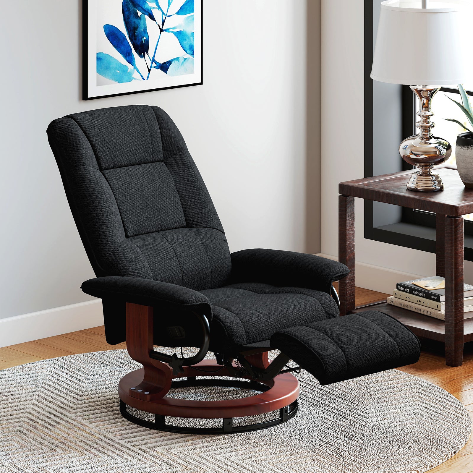 HOMCOM Reclining Swivel Chair, with Footrest - Black