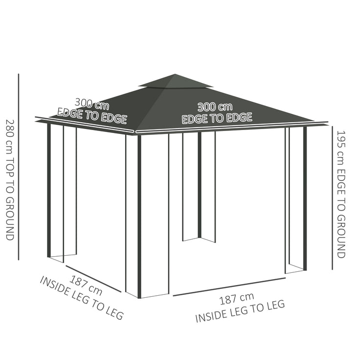 Outsunny 3(m) x 3(m)  Double Roof Outdoor Garden Gazebo Canopy Shelter with Netting, Solid Steel Frame, Light Grey