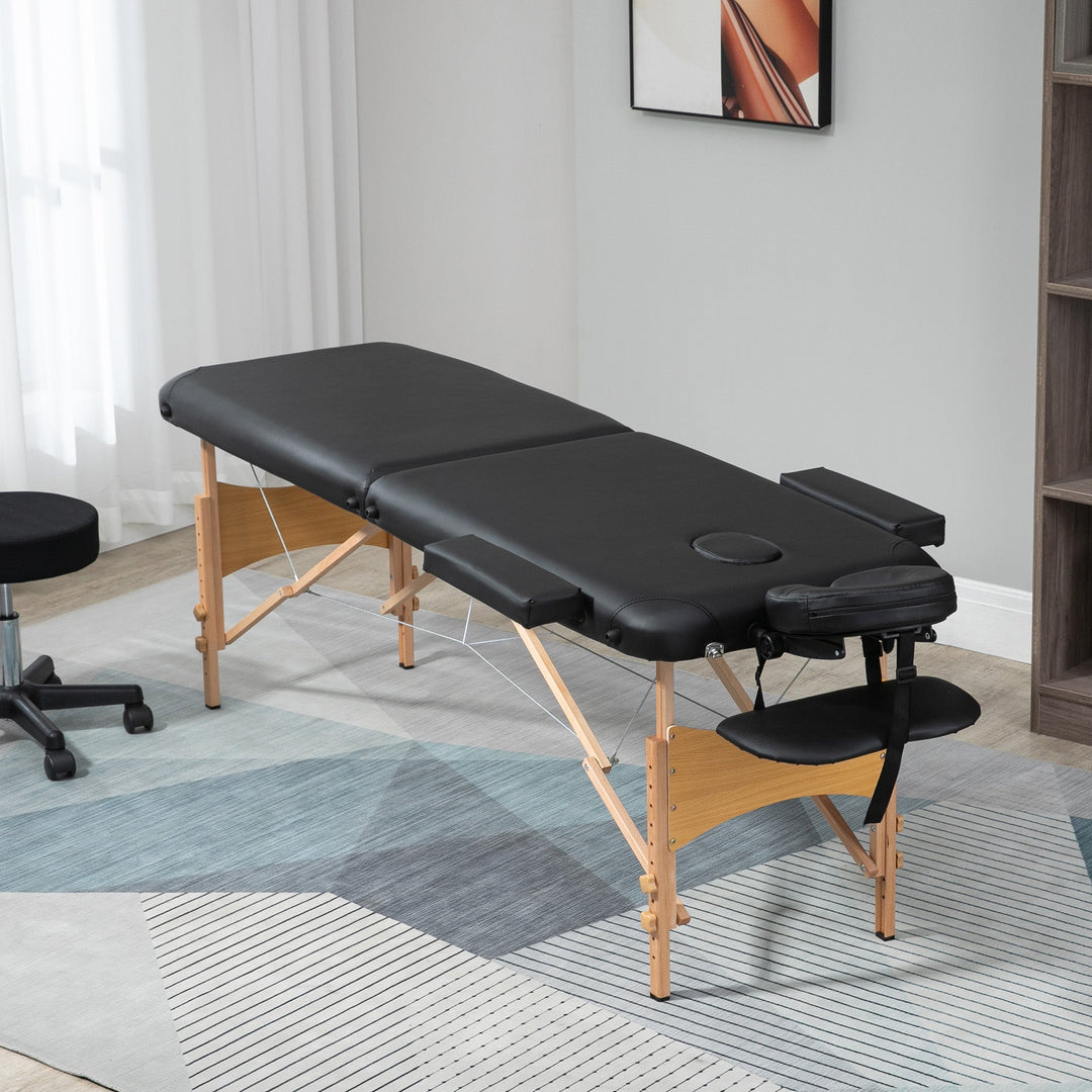 Portable Massage Bed, Folding Spa Beauty Massage Table with 2 Sections, Carry Bag and Wooden Frame