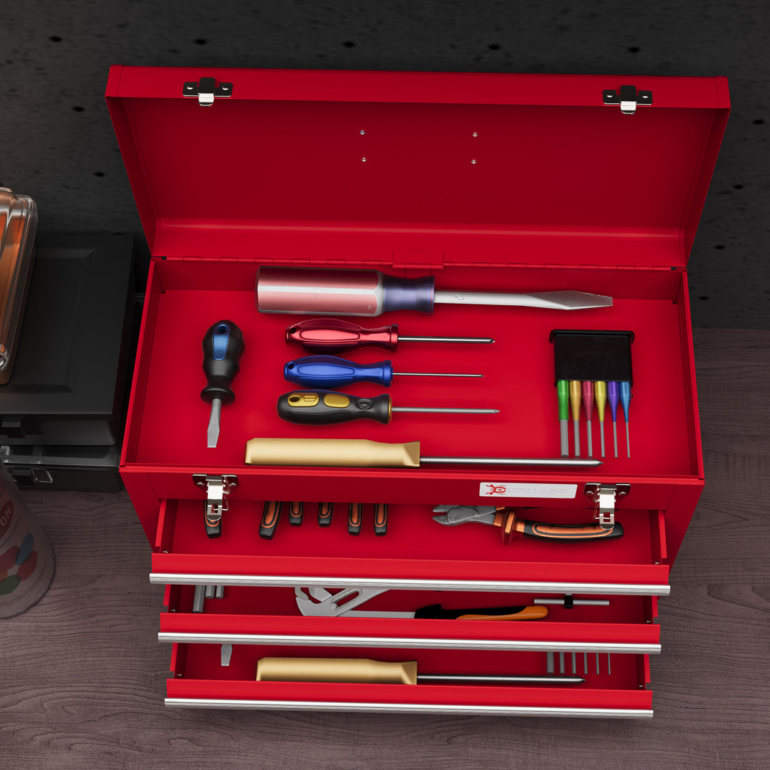 DURHAND Metal Tool Box, 3 Drawer, Lockable Tool Chest with Latches, Handle, Ball Bearing Runners, Red | Aosom UK