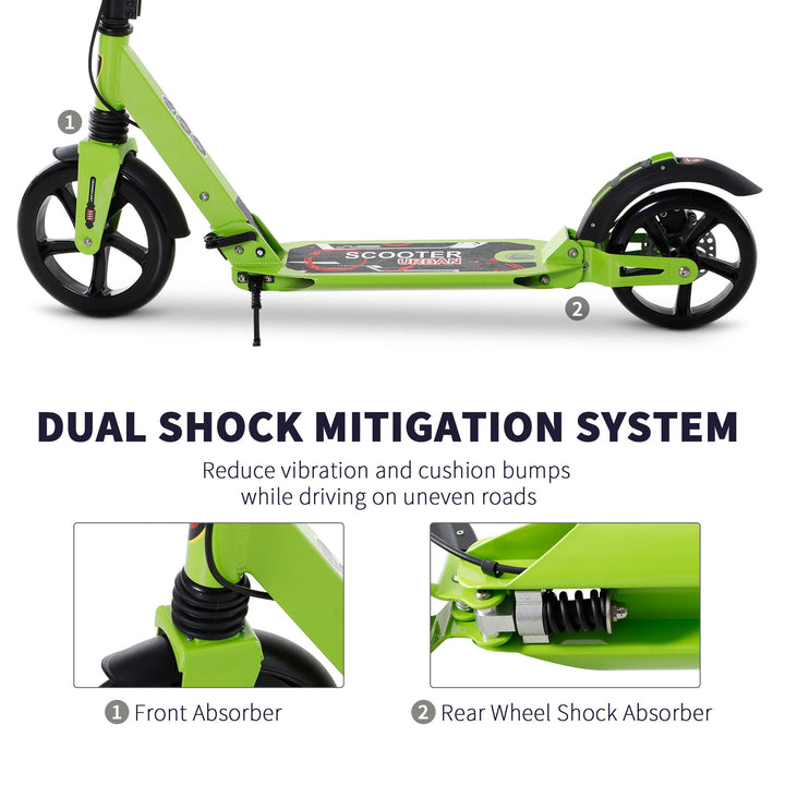 Kick Scooter, Folding 2 Wheel Scooter for 14+ Teens Adults, with Dual Brake System, Dual Suspension, 230mm Big Wheels, 3 Adjustable Handlebar, up to 100KG, Green