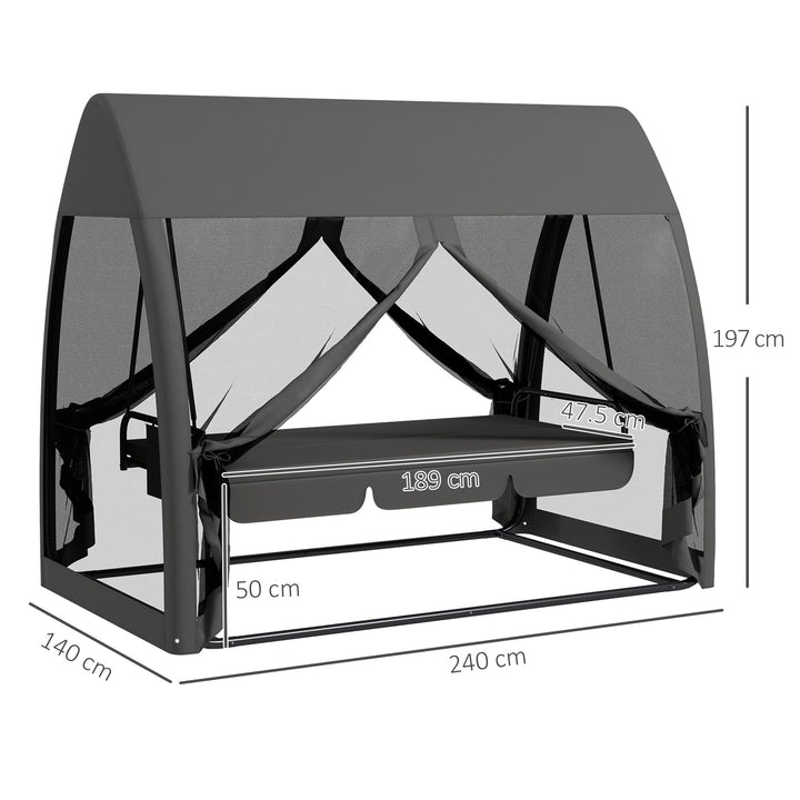 Three-Seater Convertible Swing Chair/Bed, with Curtained Canopy - Grey