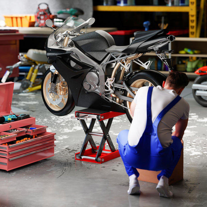 MCL 500KG Motorcycle Lift Scissor Jack, Height Adjustable Motorbike Stand with Anti-Slip Wide Deck, Heavy Duty Steel Motorbike Repair Lift Hoist Stand for Home Garage, Red