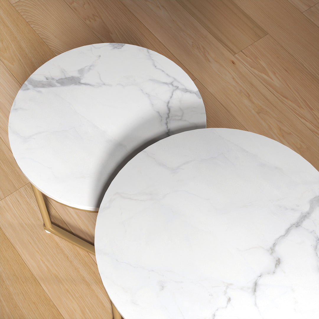 Set of Two Marble-Effect Nest of Tables - White/Gold-Tone