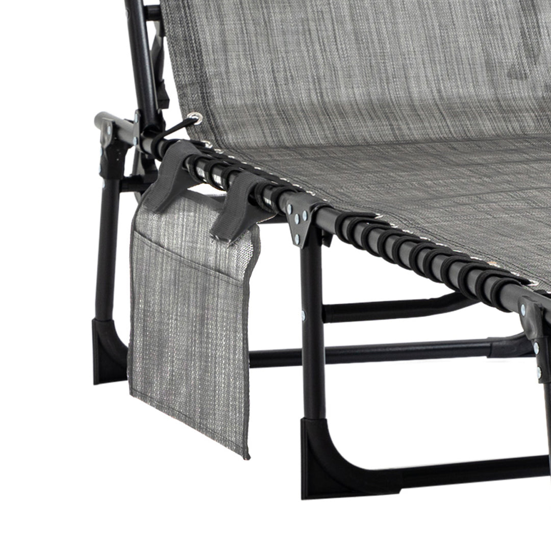 Portable Sun Lounger, Folding Camping Bed Cot, Reclining Lounge Chair 5-position Adjustable Backrest with Side Pocket, Pillow for Patio Garden Beach Pool, Mixed Grey