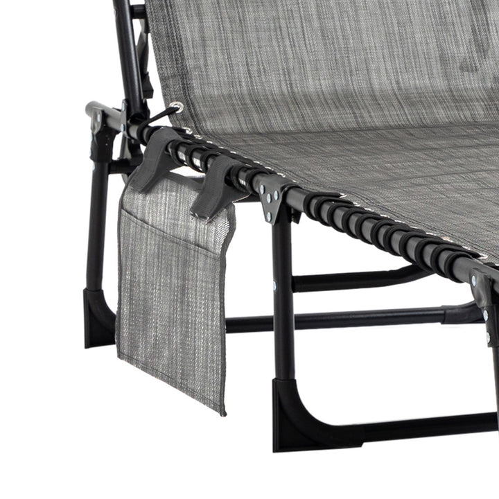 Portable Sun Lounger, Folding Camping Bed Cot, Reclining Lounge Chair 5-position Adjustable Backrest with Side Pocket, Pillow for Patio Garden Beach Pool, Mixed Grey