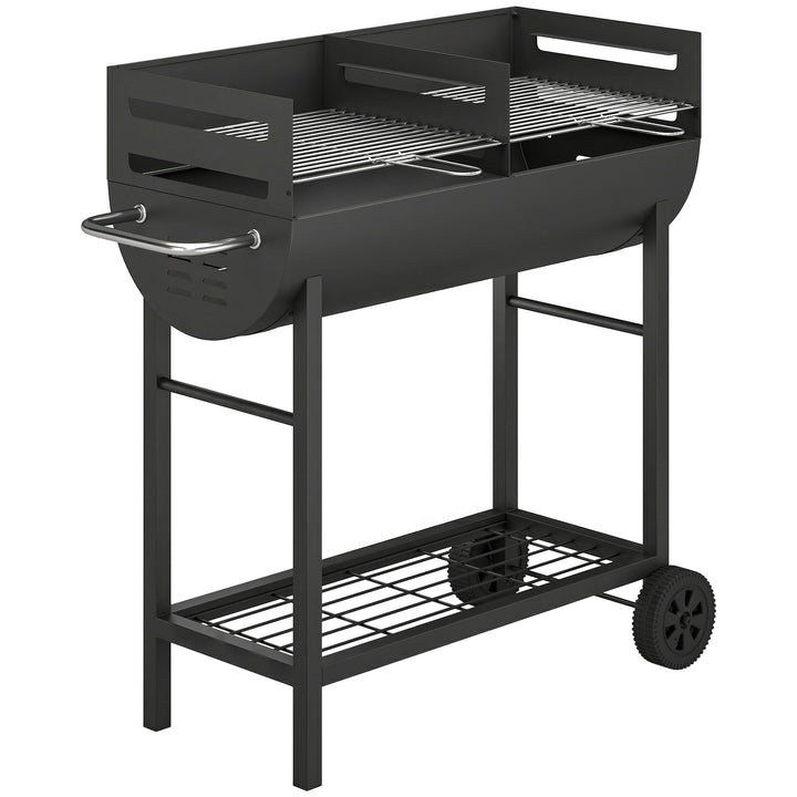 Charcoal Barbecue Grill with 2 Cooking Areas, Portable BBQ Trolley wit