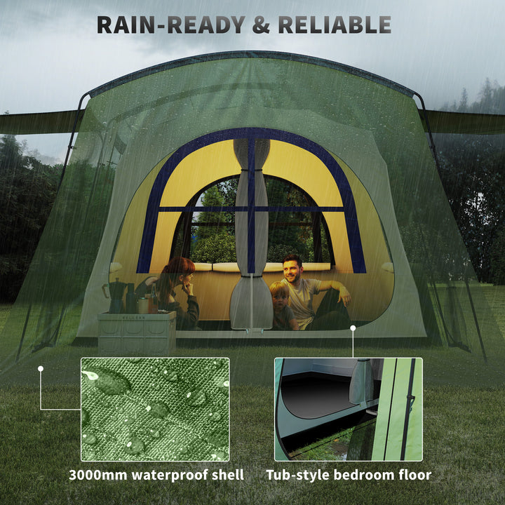 4 Man Tunnel Tent, Family Camping Tent with Porch, Bedroom and Living Area, Sewn in Groundsheet, 3000mm Waterproof, Portable with Bag for Hiking, Festival, Backpacking, Green