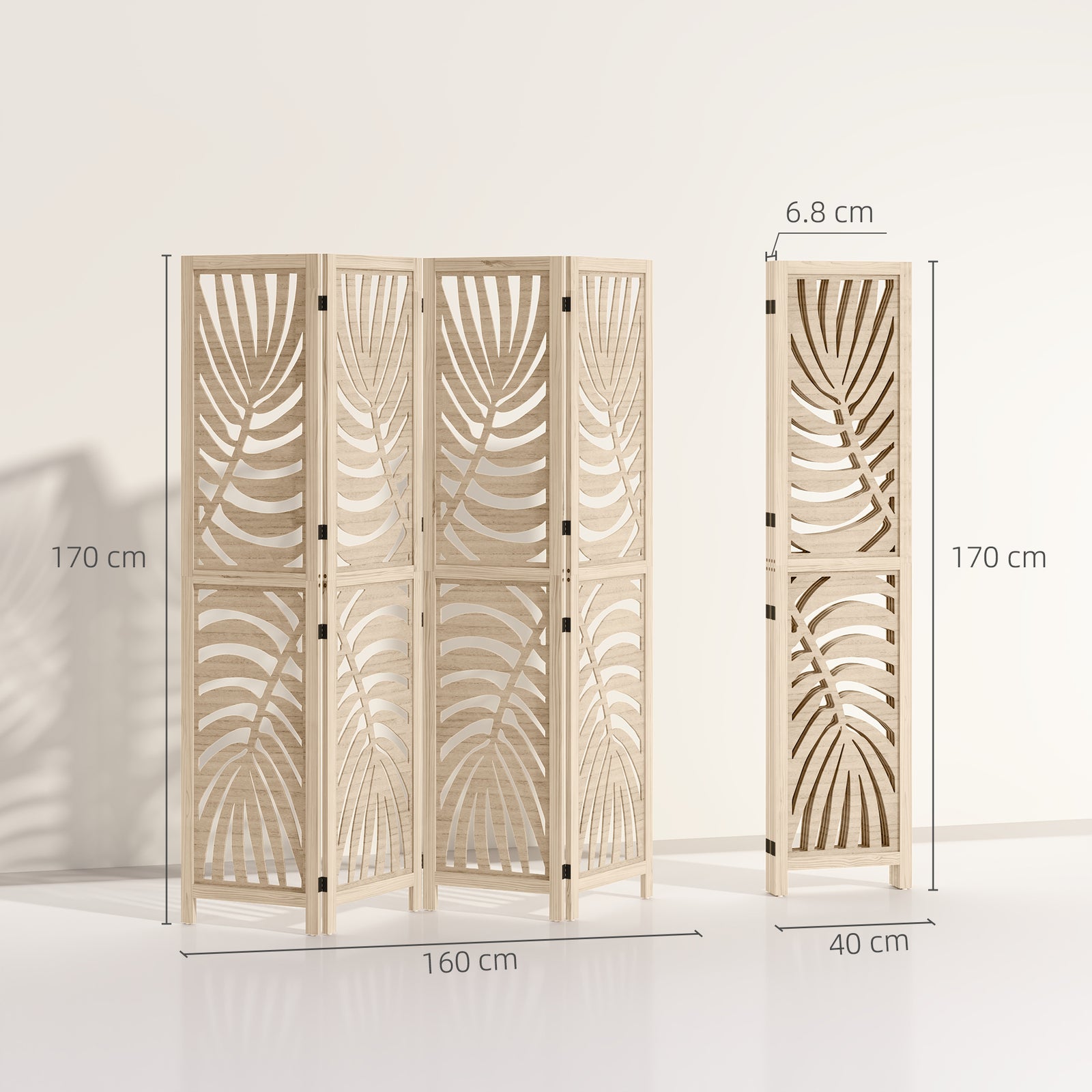 4 Panel Privacy Screens, Detachable Folding Room Divider with Palm Lea