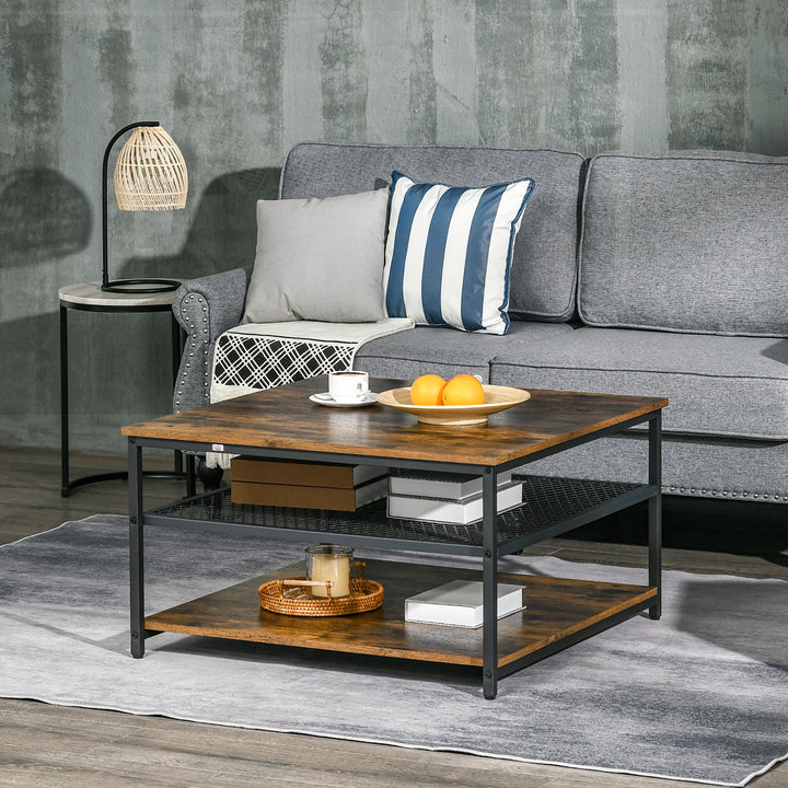 HOMCOM Industrial Coffee Table: Square Cocktail Table with 3-Tier Shelves, Rustic Brown for Living Room | Aosom UK