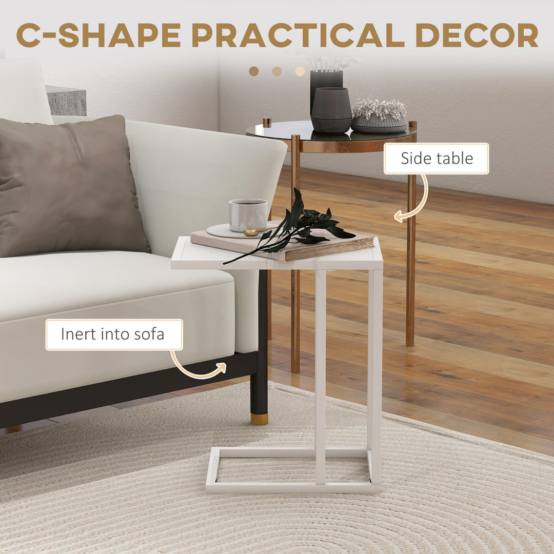 HOMCOM C Shape Bedside Table w/Metal Frame Wood-Effect Top Sofa Narrow Snack End Table for Living Room, White