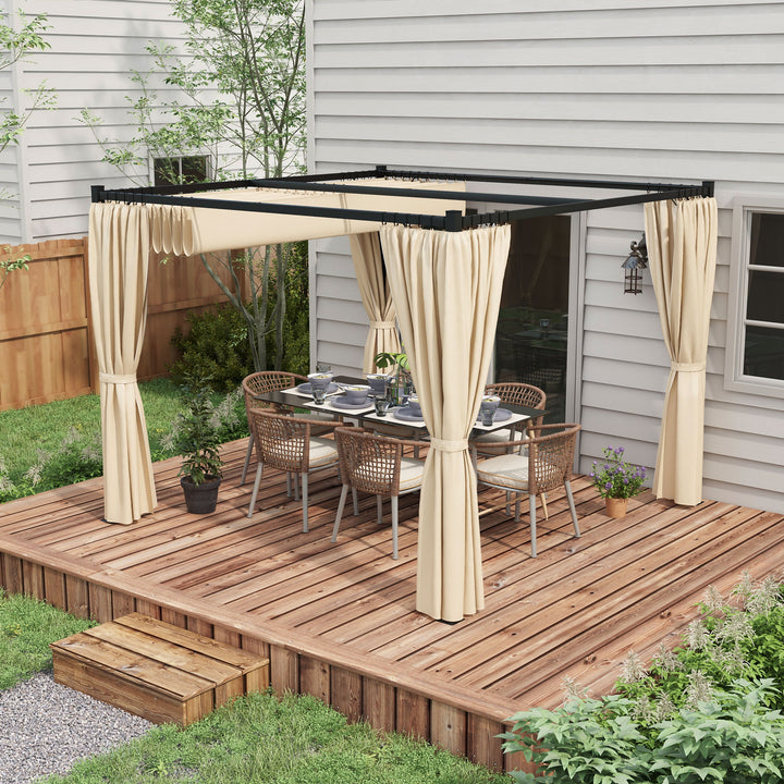 Outsunny 3 x 3(m) Retractable Pergola, Garden Gazebo Shelter with Curtains, for Grill, Patio, Deck, Beige