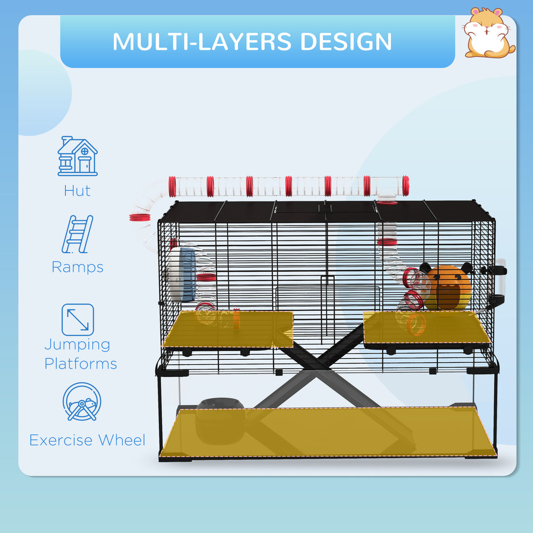 Gerbil Cage, Dwarf Hamster Cage, with Deep Glass Bottom, Tunnels, Ramps, Hut, Exercise Wheel, 78.5 x 48.5 x 57cm