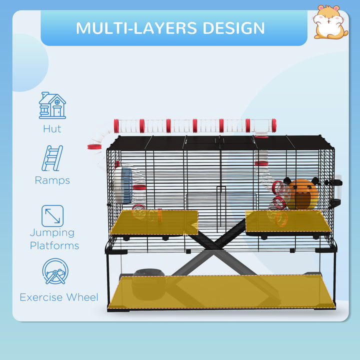 Gerbil Cage, Dwarf Hamster Cage, with Deep Glass Bottom, Tunnels, Ramps, Hut, Exercise Wheel, 78.5 x 48.5 x 57cm