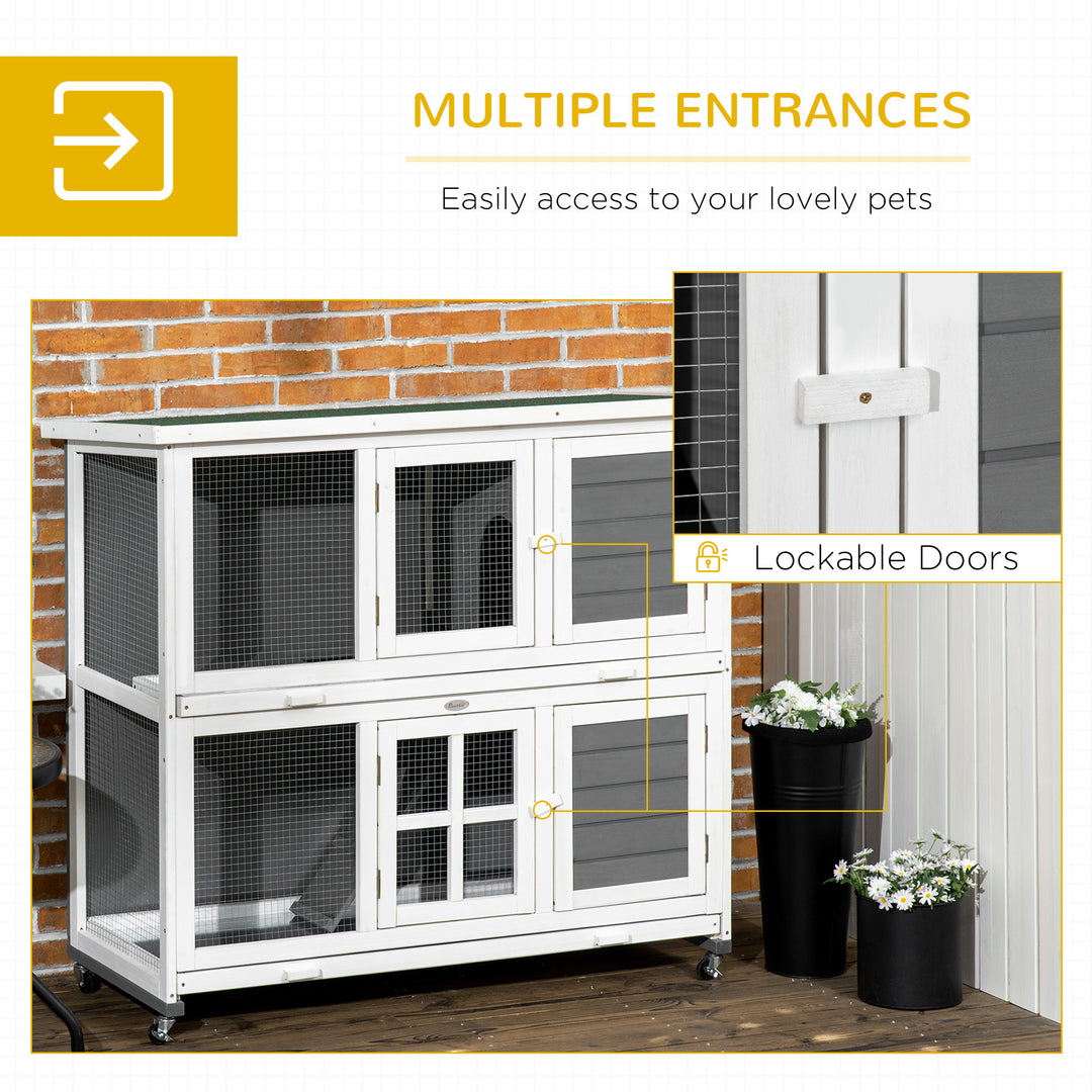Wooden Rabbit Hutch, Two-Tier Guinea Pig Cage, with Removable Tray, Wheels