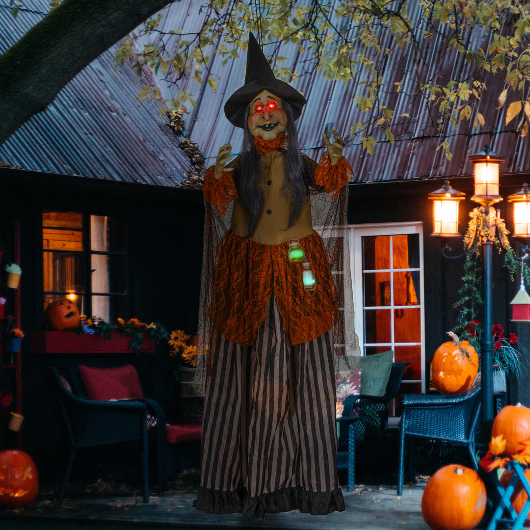 HOMCOM 183 cm Life Size Halloween Animated Standing Fat-Faced Witch with Red Light Up Eyes, Sound Activated Moving Arms &amp; Head, Scary Witch Halloween Decorations, Battery Operated, Indoor Party Props