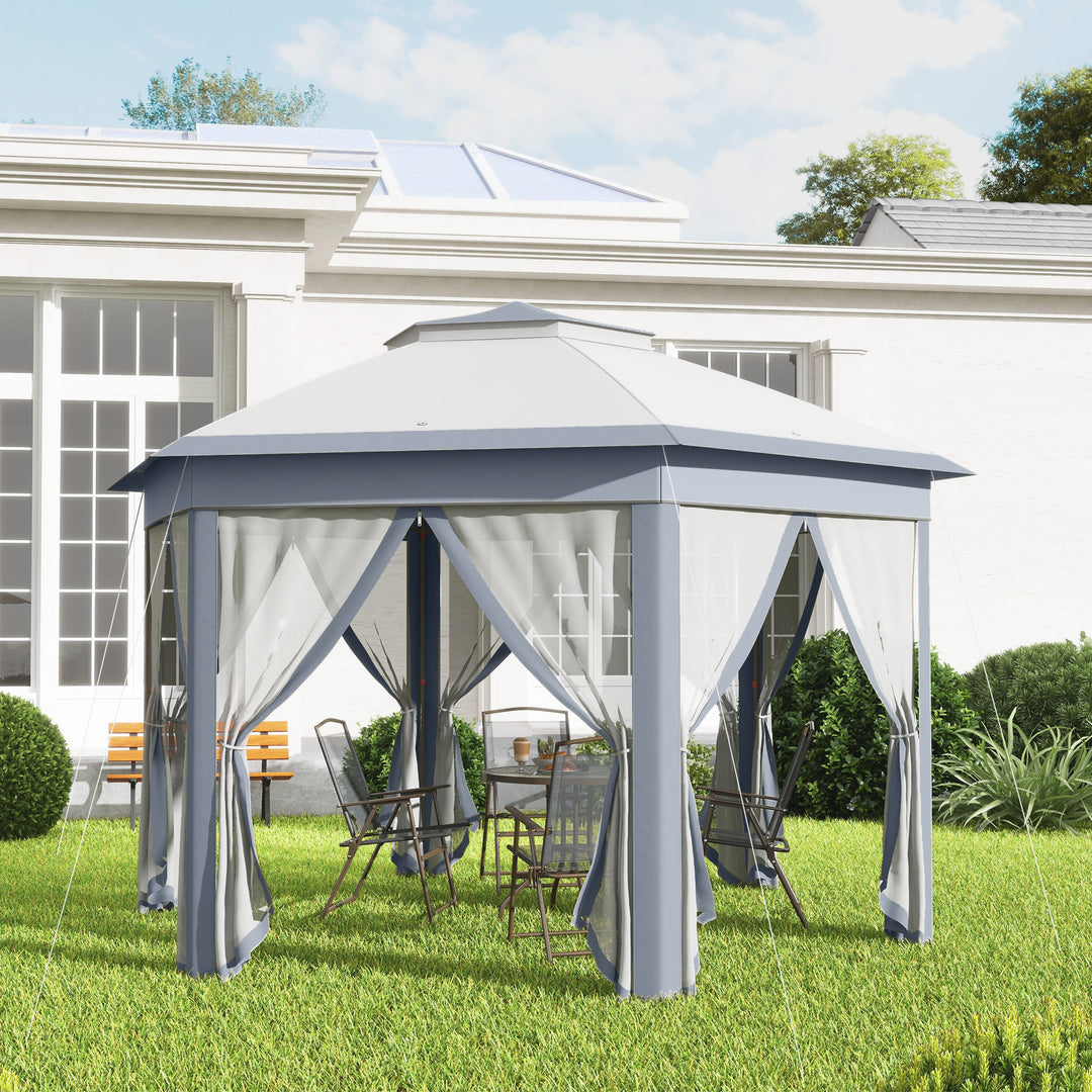 MCL 3 x 4m Metal Frame Hexagon Gazebo, with Curtains - Grey