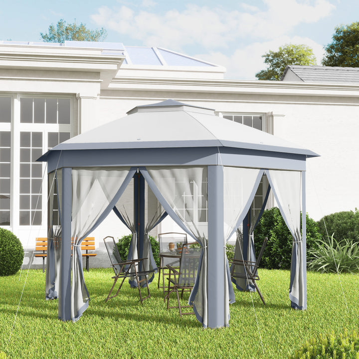 MCL 3 x 4m Metal Frame Hexagon Gazebo, with Curtains - Grey