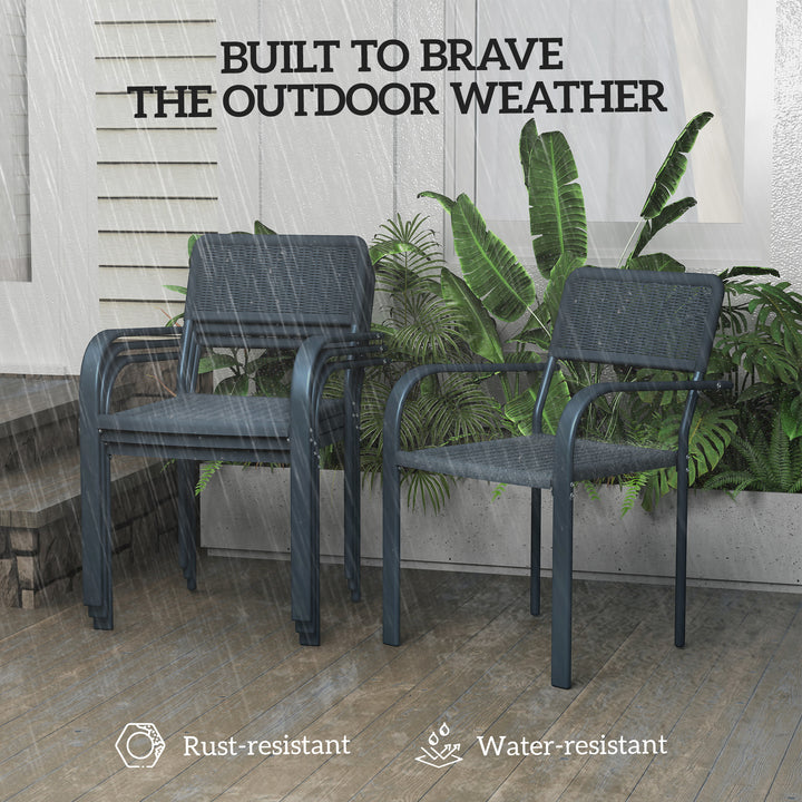 Garden Chairs Set of 4, Stackable Rattan Effect Dining Chairs with Armrest, Weather Resistant and Lightweight Outdoor Furniture Armchairs for Patio, Balcony, Terrace, Dark Grey