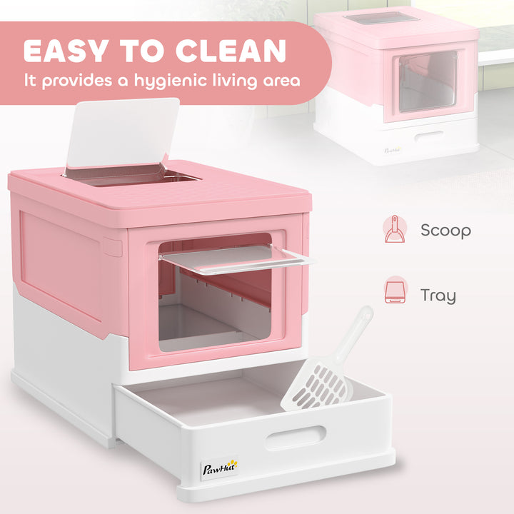 Hooded Cat Litter Box, Portable Pet Toilet, with Scoop, Front Entry - Pink