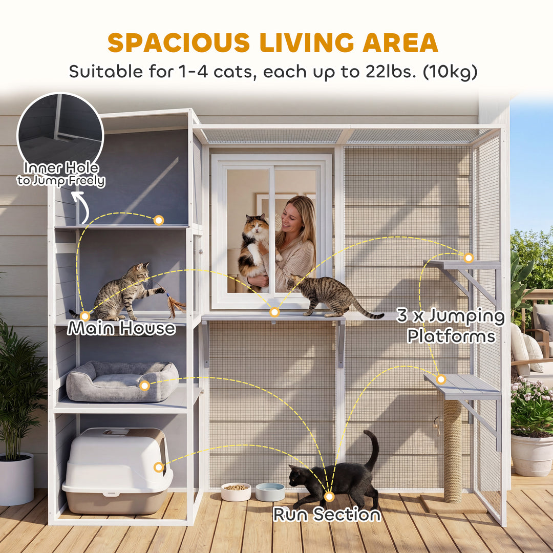 4-Tier Wooden Catio Cat Outdoor Enclosure with Sun Roof, Resting Rooms, 3 Platforms, Window Outdoor Indoor