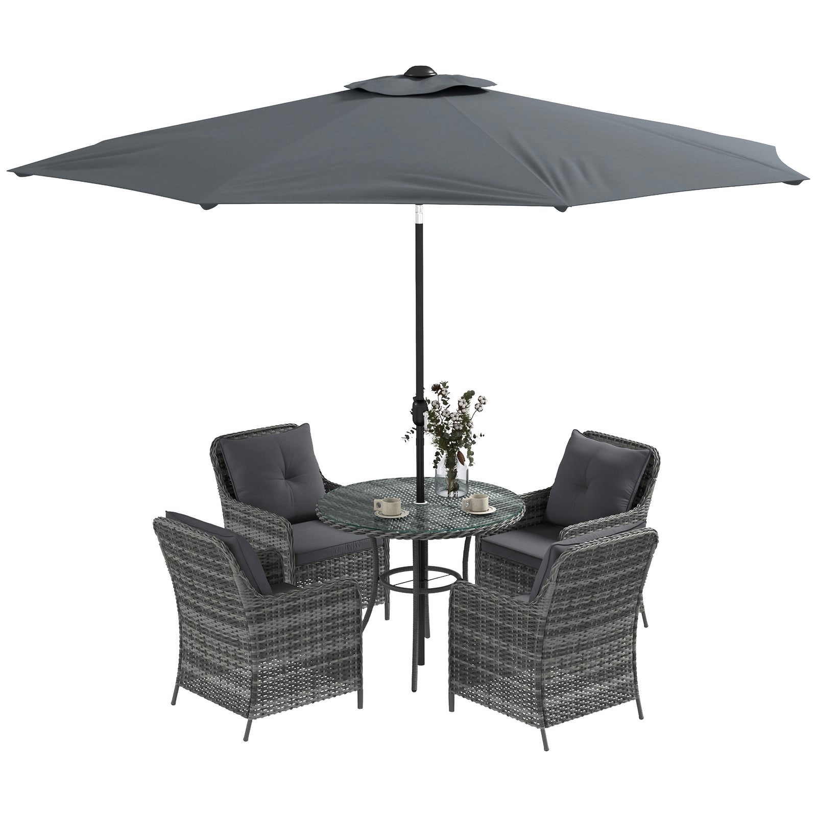 4 Seater Rattan Dining Set with Parasol & Cushions - Mixed Grey