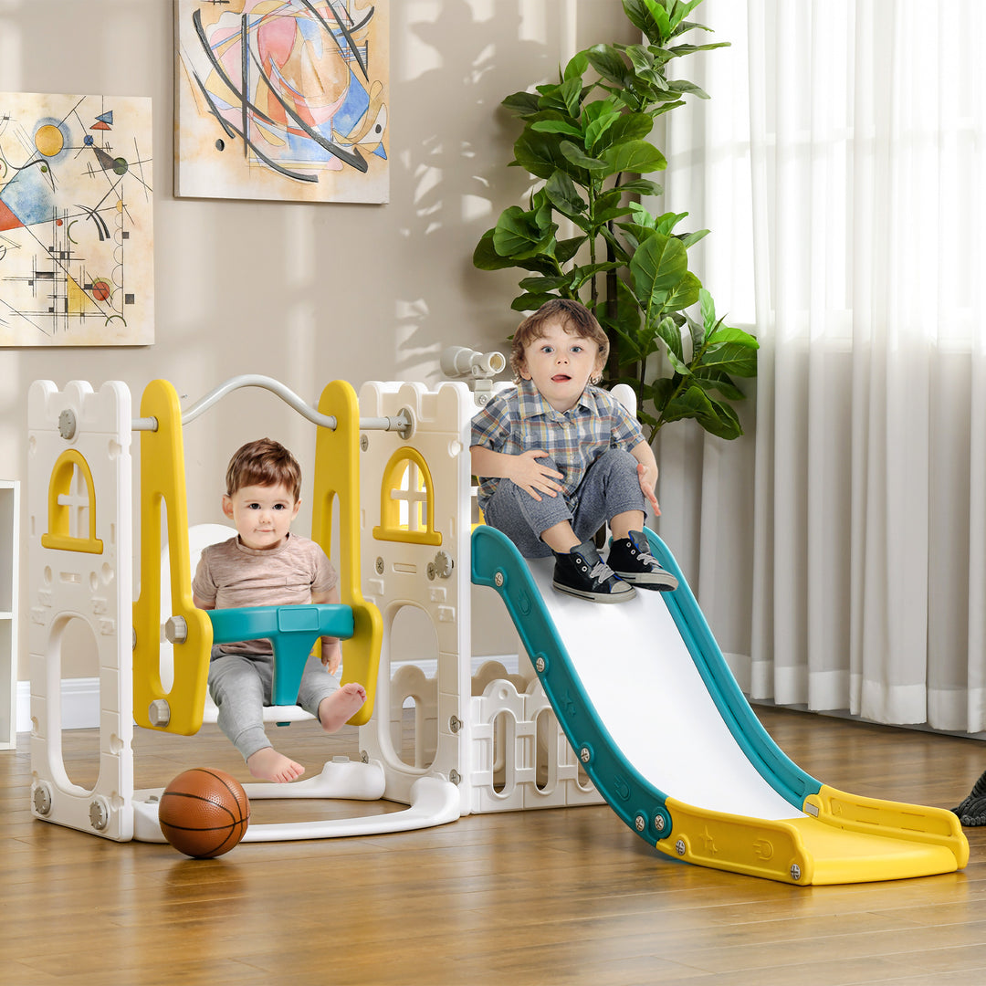 AIYAPLAY 6-in-1 Swing and Slide Set, Kids Playground with Basketball Hoop, Telescope, Storage Space - Yellow