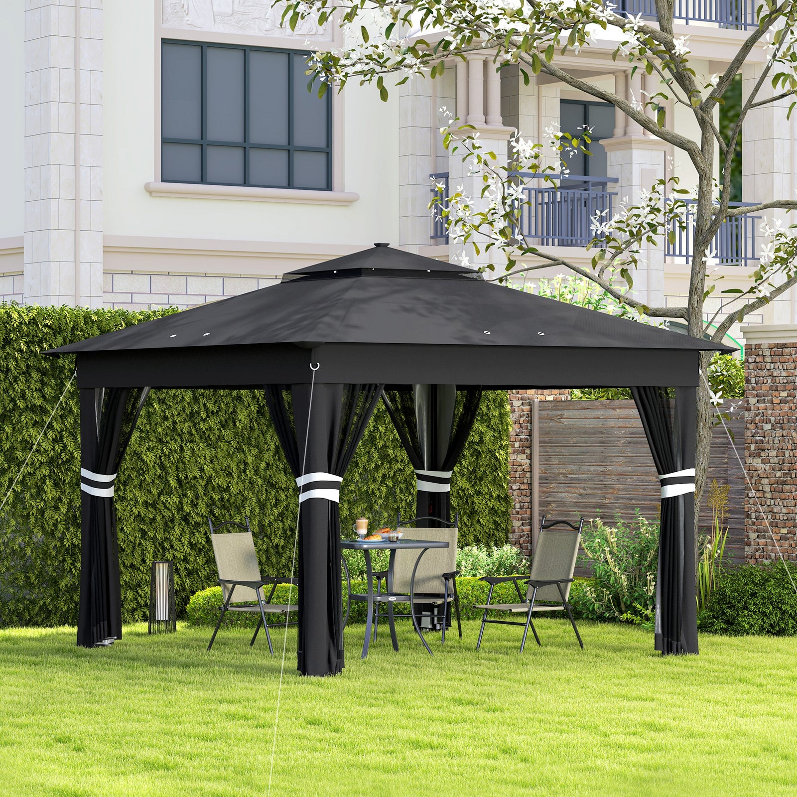 3 x 3(m) Pop Up Gazebo Party Tent with Solar-Powered LED Lights, Adjustable Event Shelter with Netting, Black