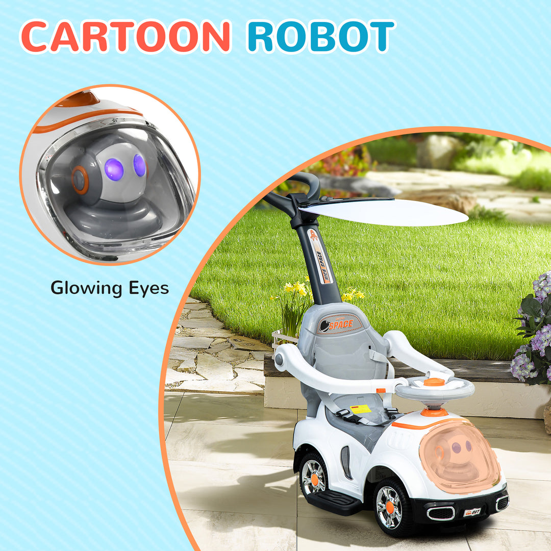 AIYAPLAY 3 in 1 Ride on Push Car, Cartoon Robot Theme Foot to Floor Slider w/ Handle Light Music Horn, Storage - White