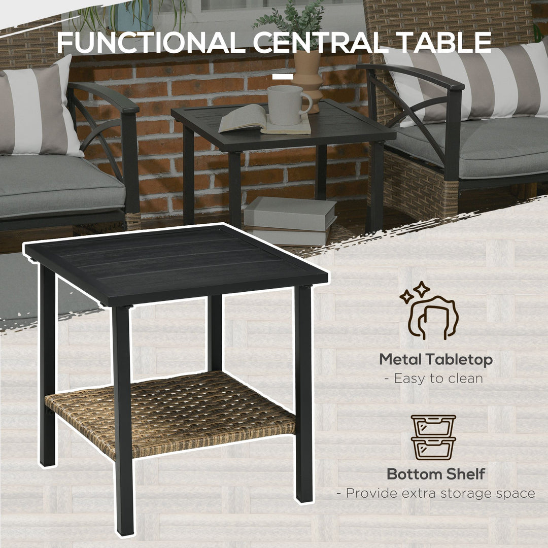 5 Piece PE Rattan Garden Furniture Set, 2 Armchairs,2 Stools, Steel Tabletop with Wicker Shelf, Padded Outdoor Seating, Grey