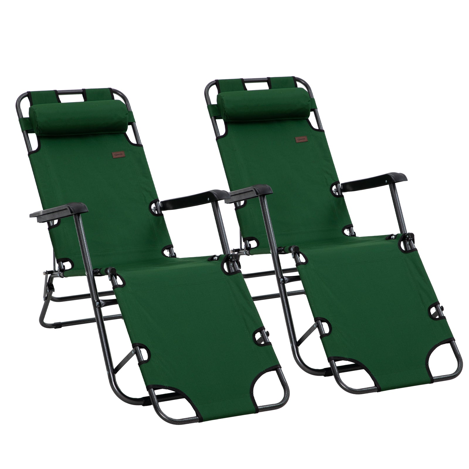 2 Pack 2 in 1 Sun Lounger Folding Reclining Chairs Garden Outdoor Camping Adjustable Back with Pillow, Green