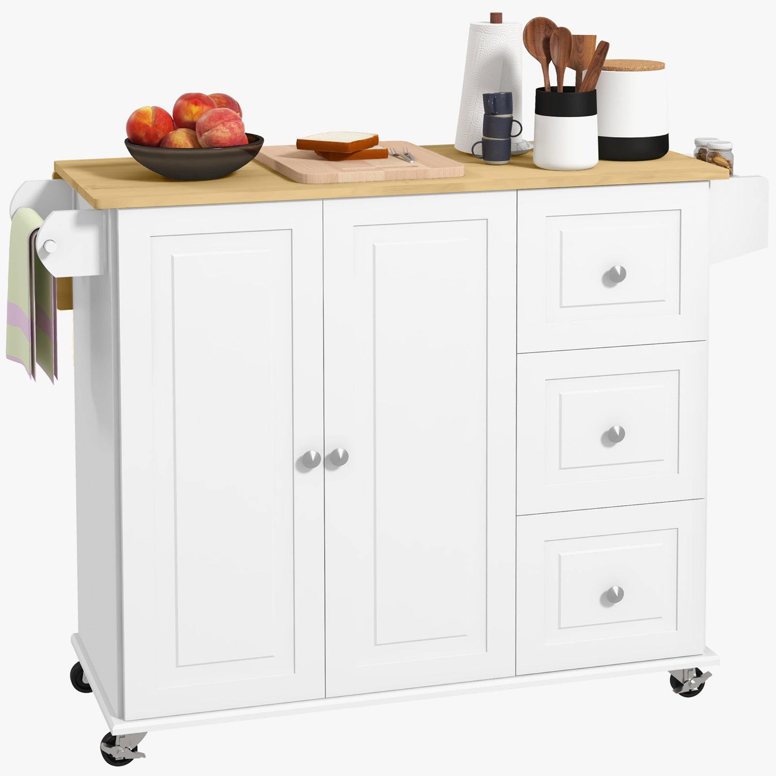 Kitchen Island with Drop Leaf, Rolling Kitchen Storage Trolley on Wheels with 3 Drawers, Spice Rack and Towel Rack, Storage Cart with Rubber Wood Top, White