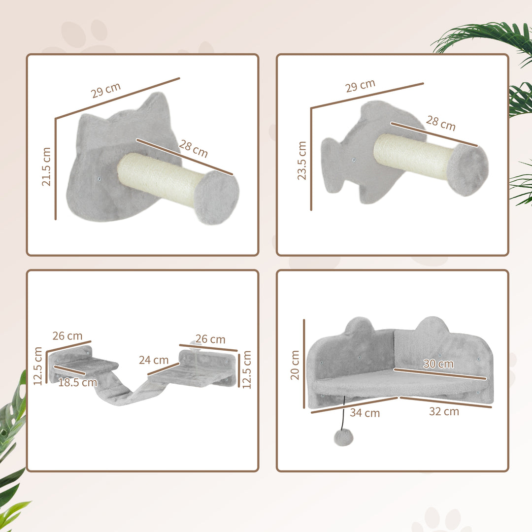 4-Piece Cat Wall Shelves with Steps, Ladder, Jumping Platforms, Light Grey