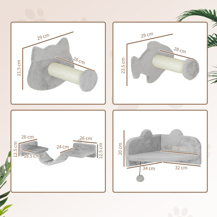 4-Piece Cat Wall Shelves with Steps, Ladder, Jumping Platforms, Light Grey