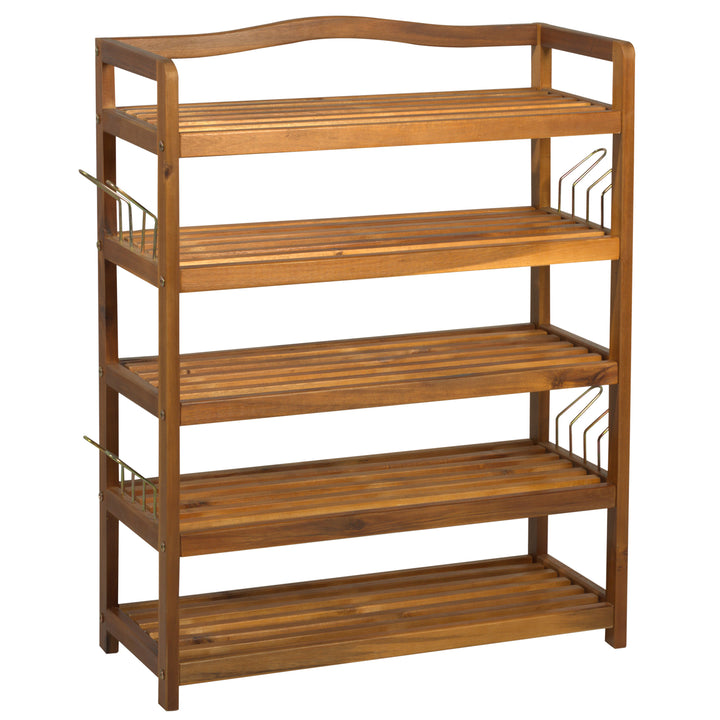 5-Tier Shoe Rack, Acacia Wooden Shoe Storage Organiser with Hangers, Holds up to 19 Pairs, for Entryway, Living Room, 64 x 26 x 82 cm, Teak