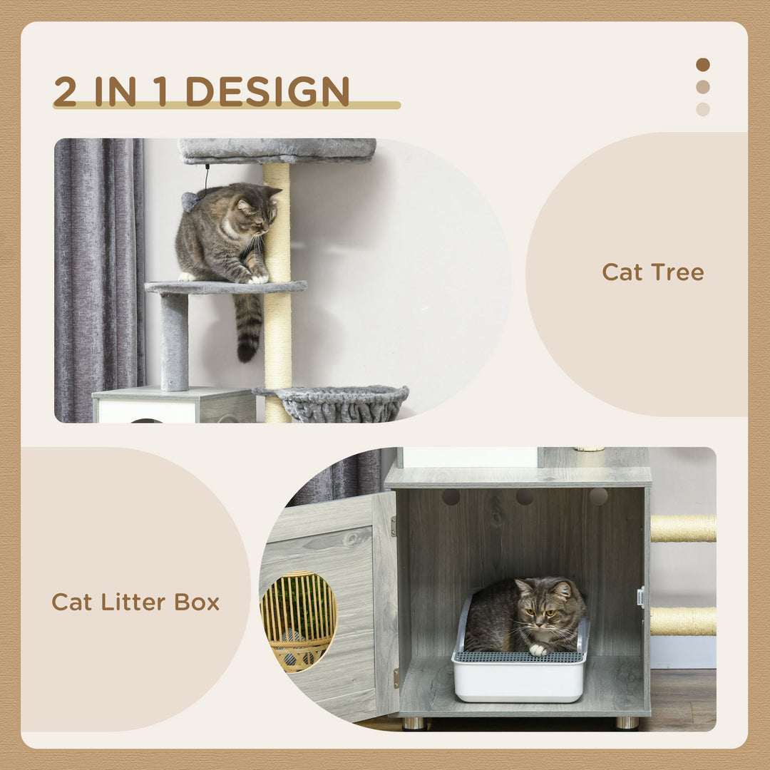 Enclosed Cat Litter Box with Cat House, Cat Bed, Scratching Posts, Platforms, for Indoor Cats - Grey
