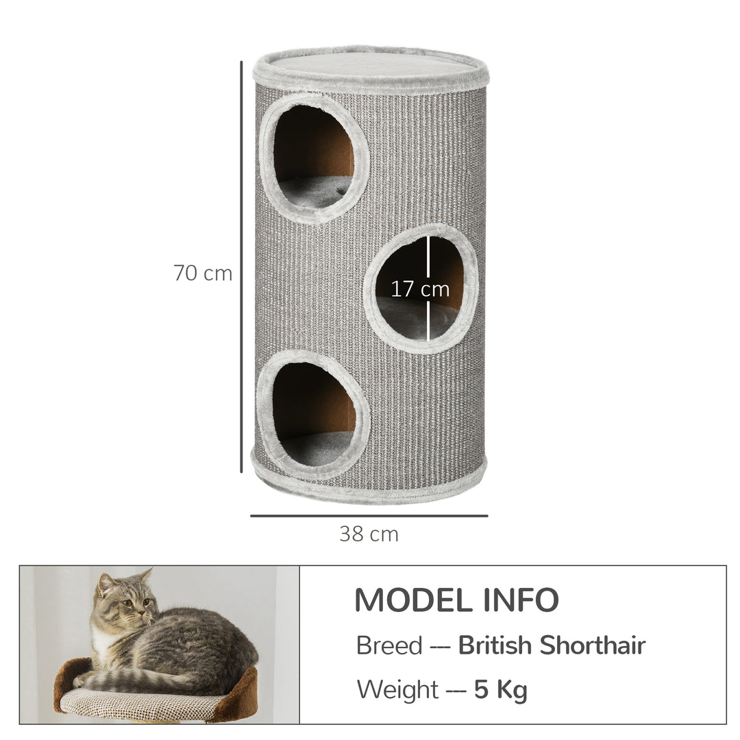 PawHut Cat Tree Barrel, Kitten Climbing Tower, Indoor Sisal Covered, Cosy Platform, Light Grey | Aosom UK