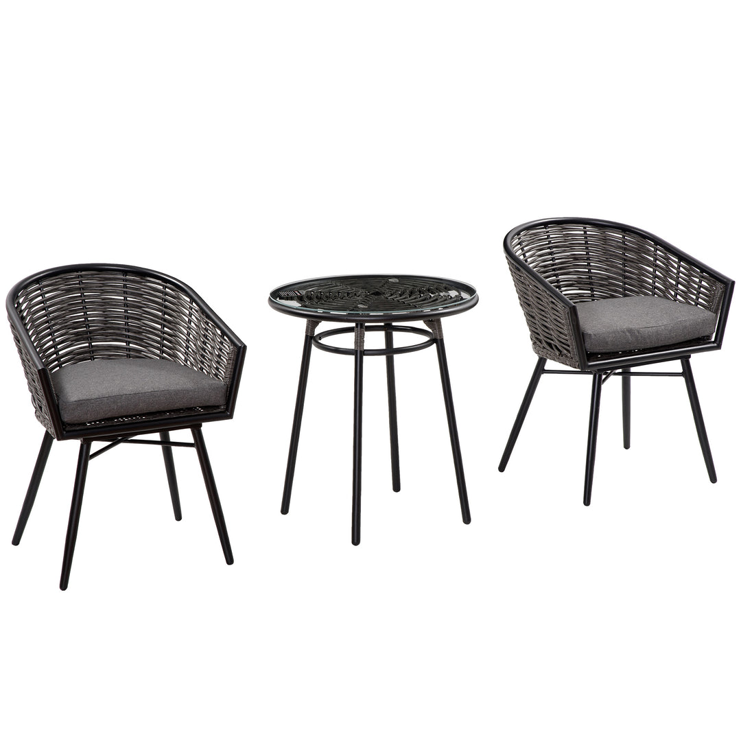 3 Pieces Rattan Bistro Set, Wicker Garden Furniture Set with Round Glass Top Coffee Table and Chairs, Washable Cushions for Outdoor, Patio, Balcony, Grey