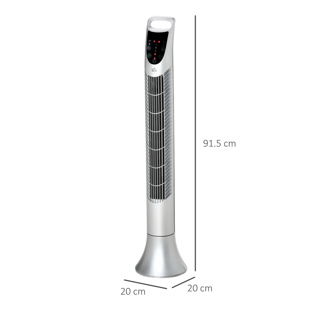 HOMCOM 36'' Freestanding Tower Fan, 3 Speed 3 Mode, 7.5h Timer, 70 Degree Oscillation, LED Panel, 5M Remote Controller, Silver | Aosom UK