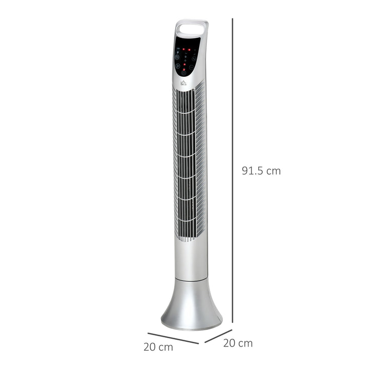 HOMCOM 36'' Freestanding Tower Fan, 3 Speed 3 Mode, 7.5h Timer, 70 Degree Oscillation, LED Panel, 5M Remote Controller, Silver | Aosom UK