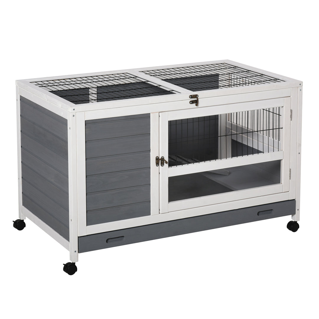 PawHut Wooden Guinea Pigs Hutches Elevated Pet Bunny House Rabbit Cage with Slide-Out Tray Indoor Grey | Aosom UK