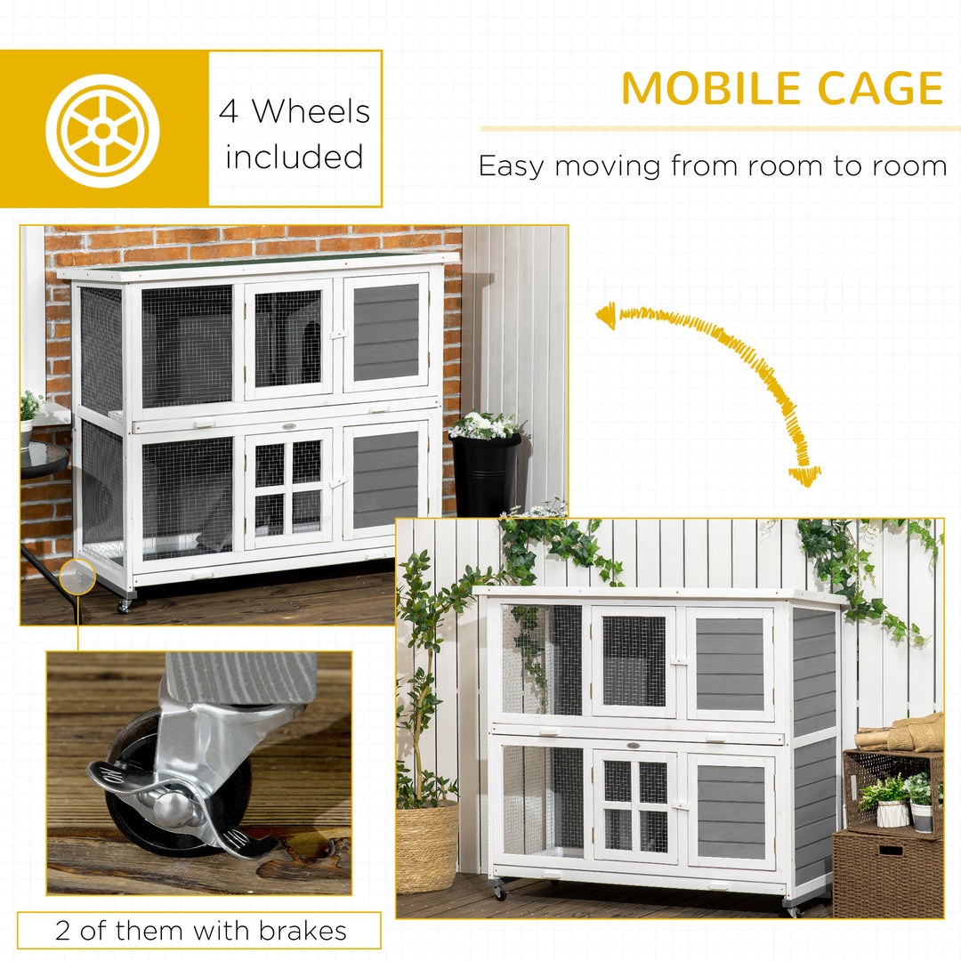 Wooden Rabbit Hutch, Two-Tier Guinea Pig Cage, with Removable Tray, Wheels