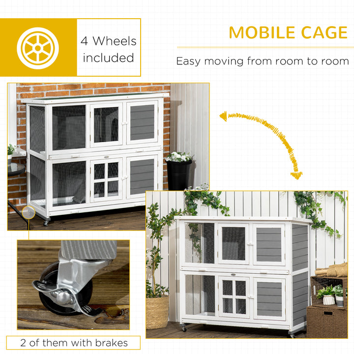 Wooden Rabbit Hutch, Two-Tier Guinea Pig Cage, with Removable Tray, Wheels