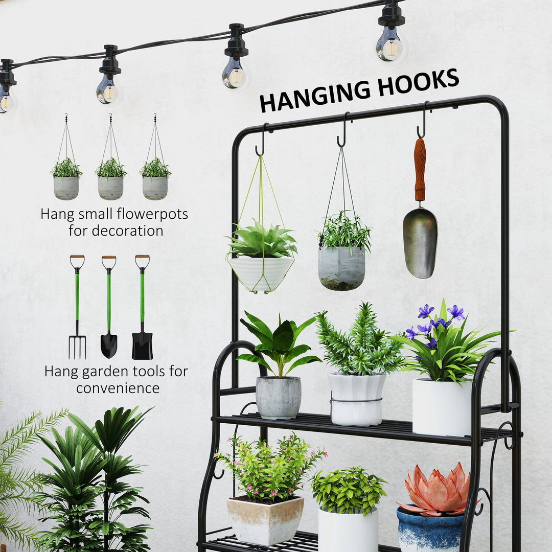 3 Tier Plant Stand with Hanging Rod and Hooks, Metal Plant Rack Shelf, Ladder Flower Pot for Indoor Outdoor Porch Balcony Living Room Bedroom, Black